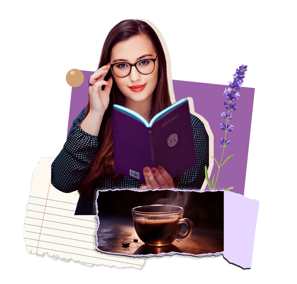 Colagem da Gabi, uma moça com pele clara e cabelos castanhos escuros, com um livro.