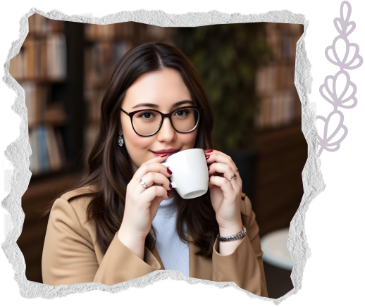 Gabi, uma mulher de pele clara e cabelos castanhos escuros lisos, tomando café.